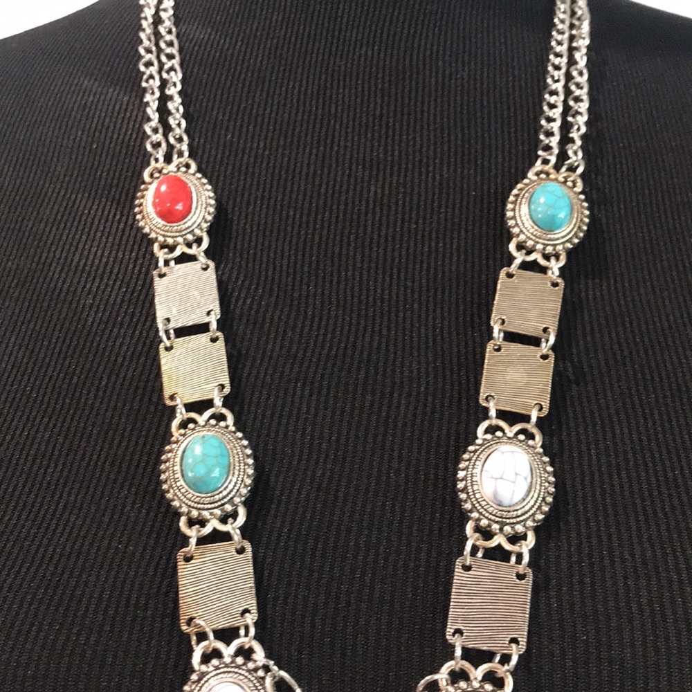 Bohemian Silver Tassel Necklace Maxi Gypsy Ethnic Blue Stone Collar Collier - Picture 5 of 9